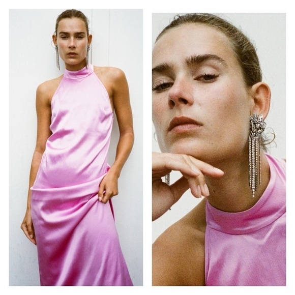 ZARA Light Pink High Neck Halter Backless Satin Midi Dress Medium Cocktail NEW - Picture 4 of 7